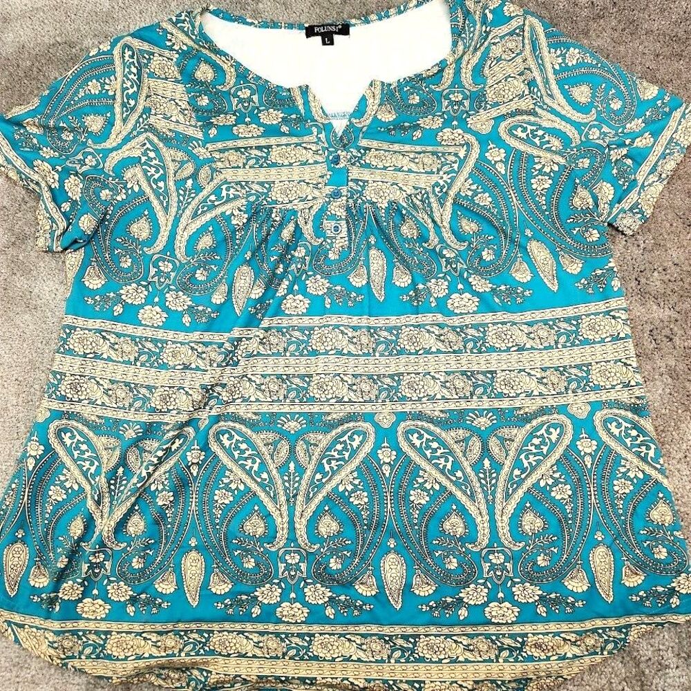 Folunsi Blouse Women’s Large Blue Paisley Pullover Short Sleeve Lightweight Top
